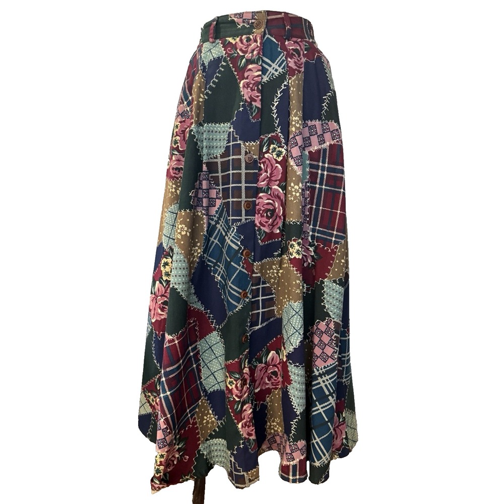 Vintage 90s Floral Patchwork Maxi Skirt Size 8 Cottage Granny Pockets Buttons